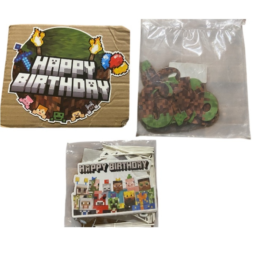 COPY - Mind craft Happy Birthday Party cake and cupcake toppers.